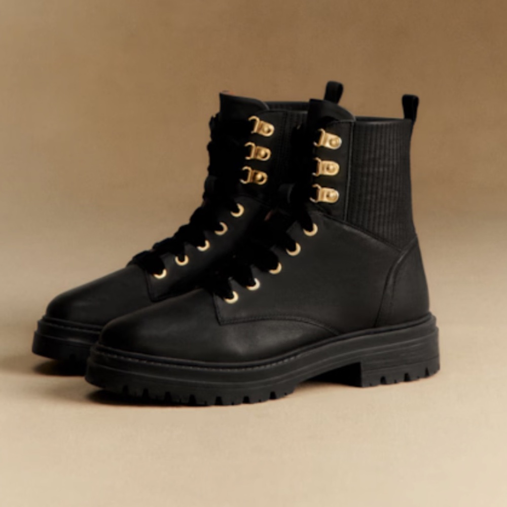 Sezane Niels Ankle Boots Smooth Black Women's 7 Leather Lace-Up